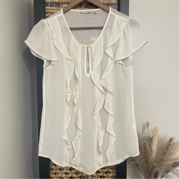 Halogen off white Raffled Blouse / short sleeve shirt pearl button W’s S Petit - Picture 1 of 6